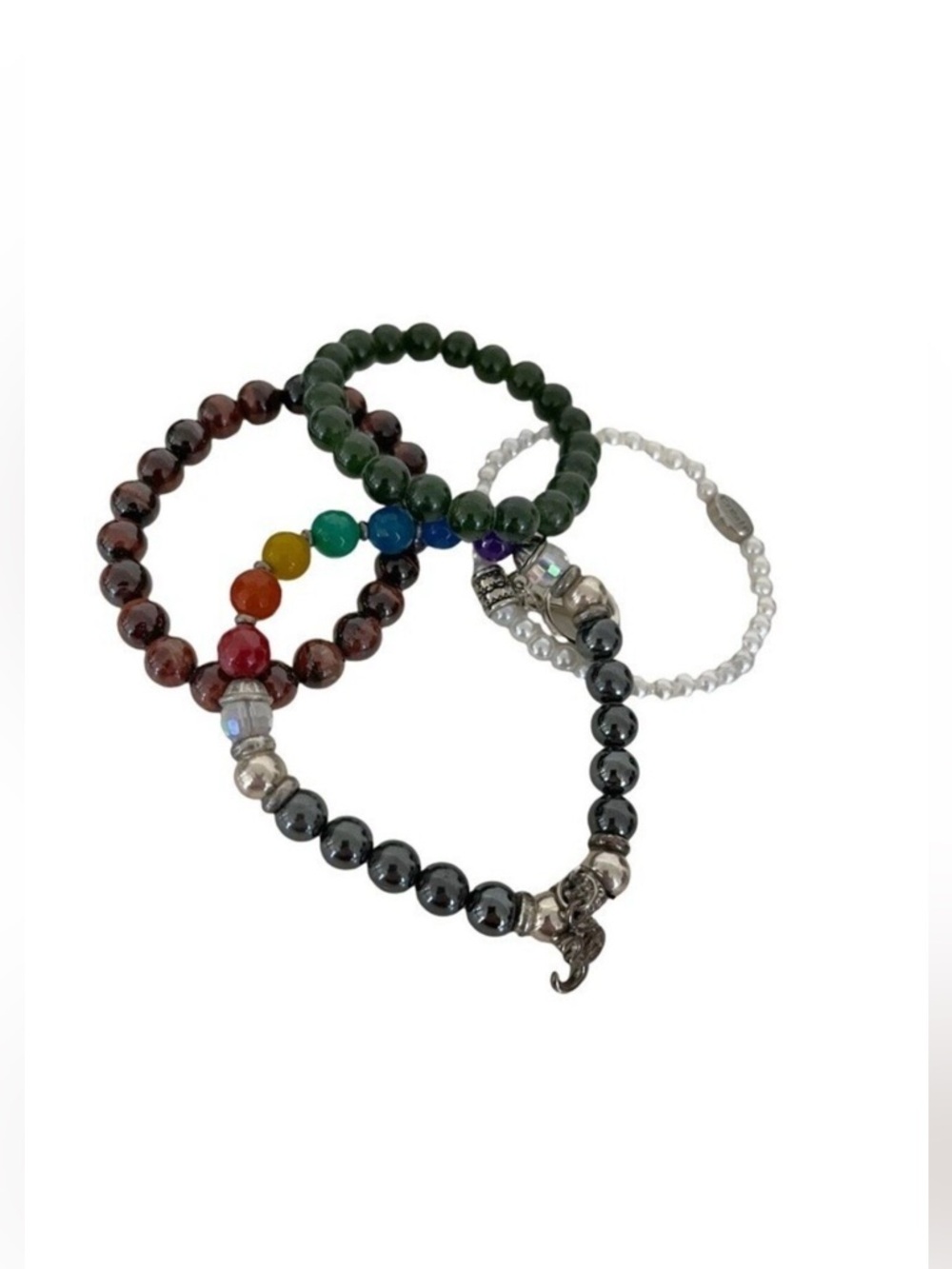 Stretch Beaded Bracelets Lot of 4 White Green Brown Chakra Colors